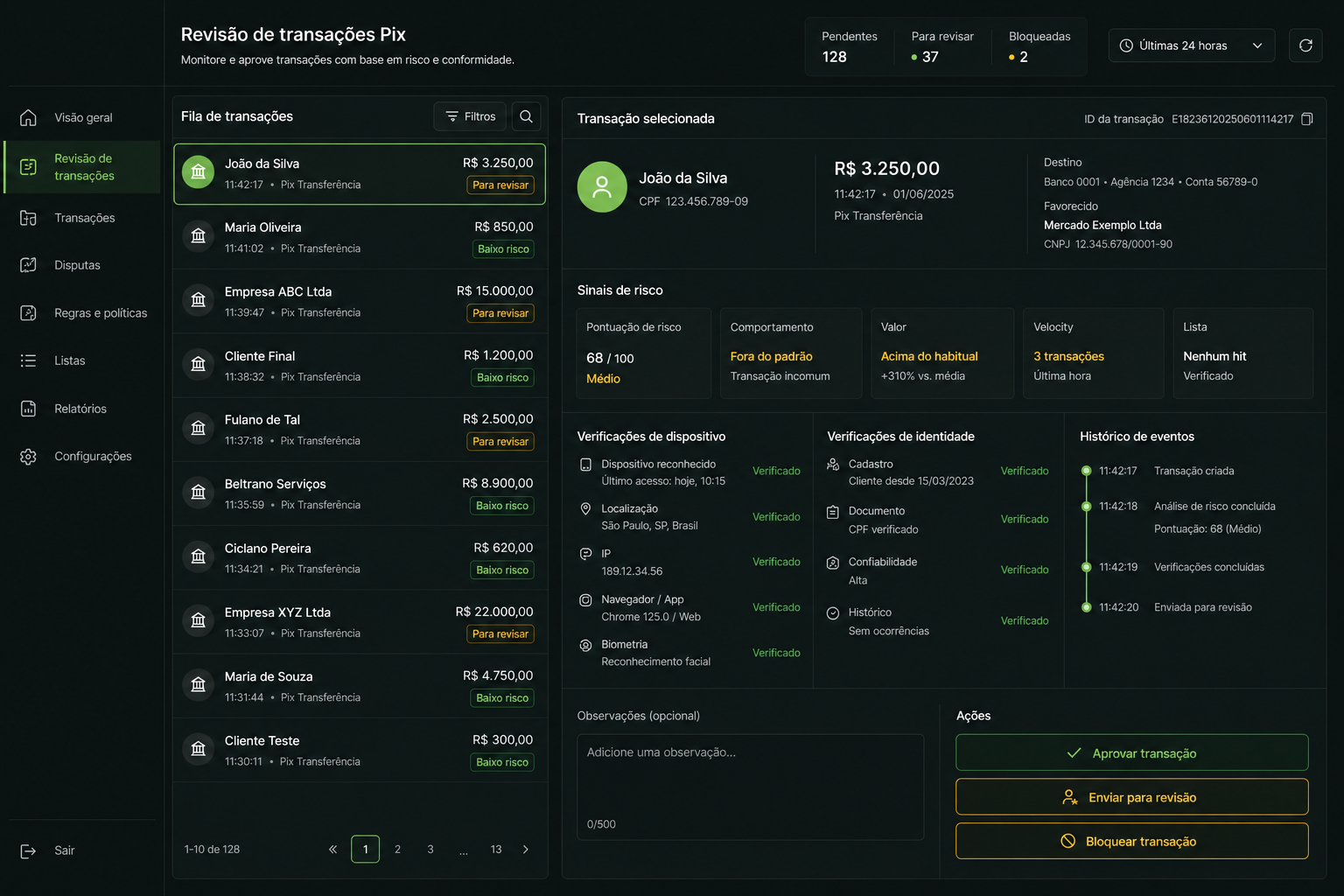 Tela da plataforma: Alertas e conformidade