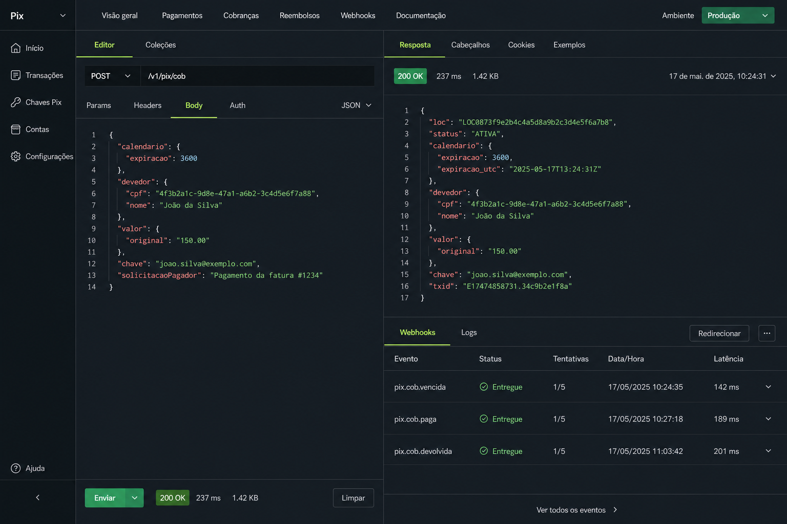 Tela da plataforma: API Pix