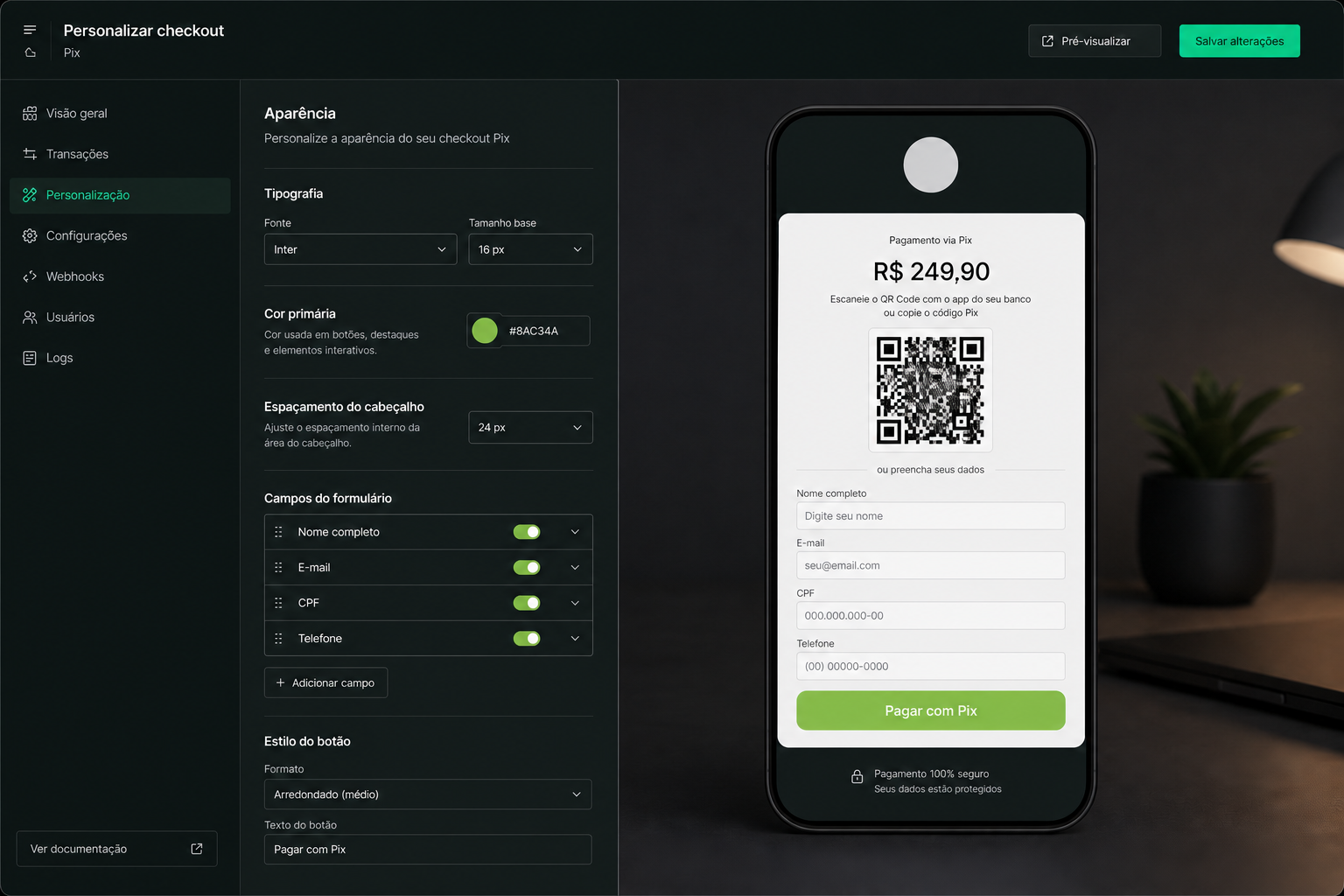 Tela da plataforma: Checkout personalizado
