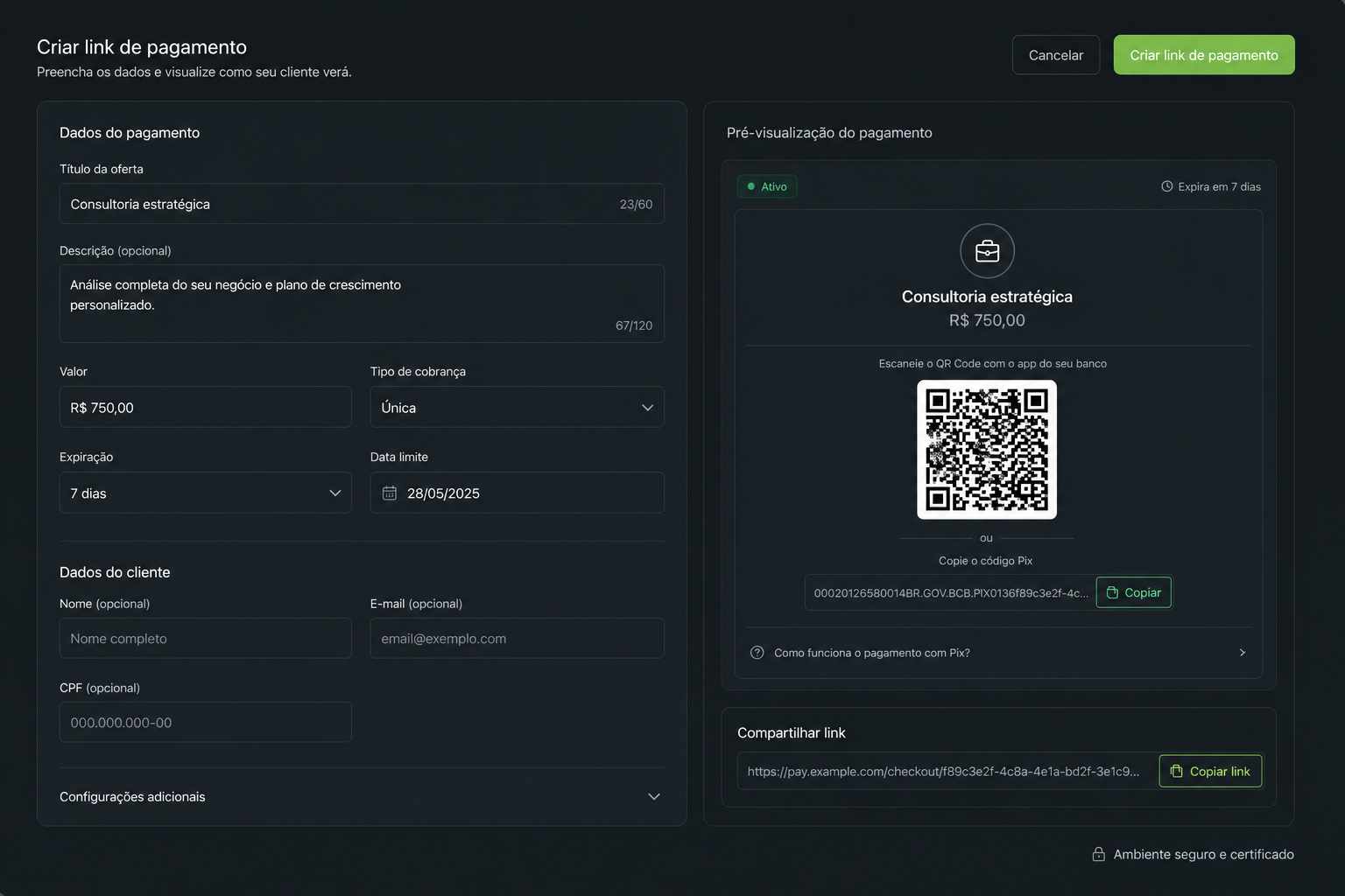 Tela da plataforma: Link de pagamento